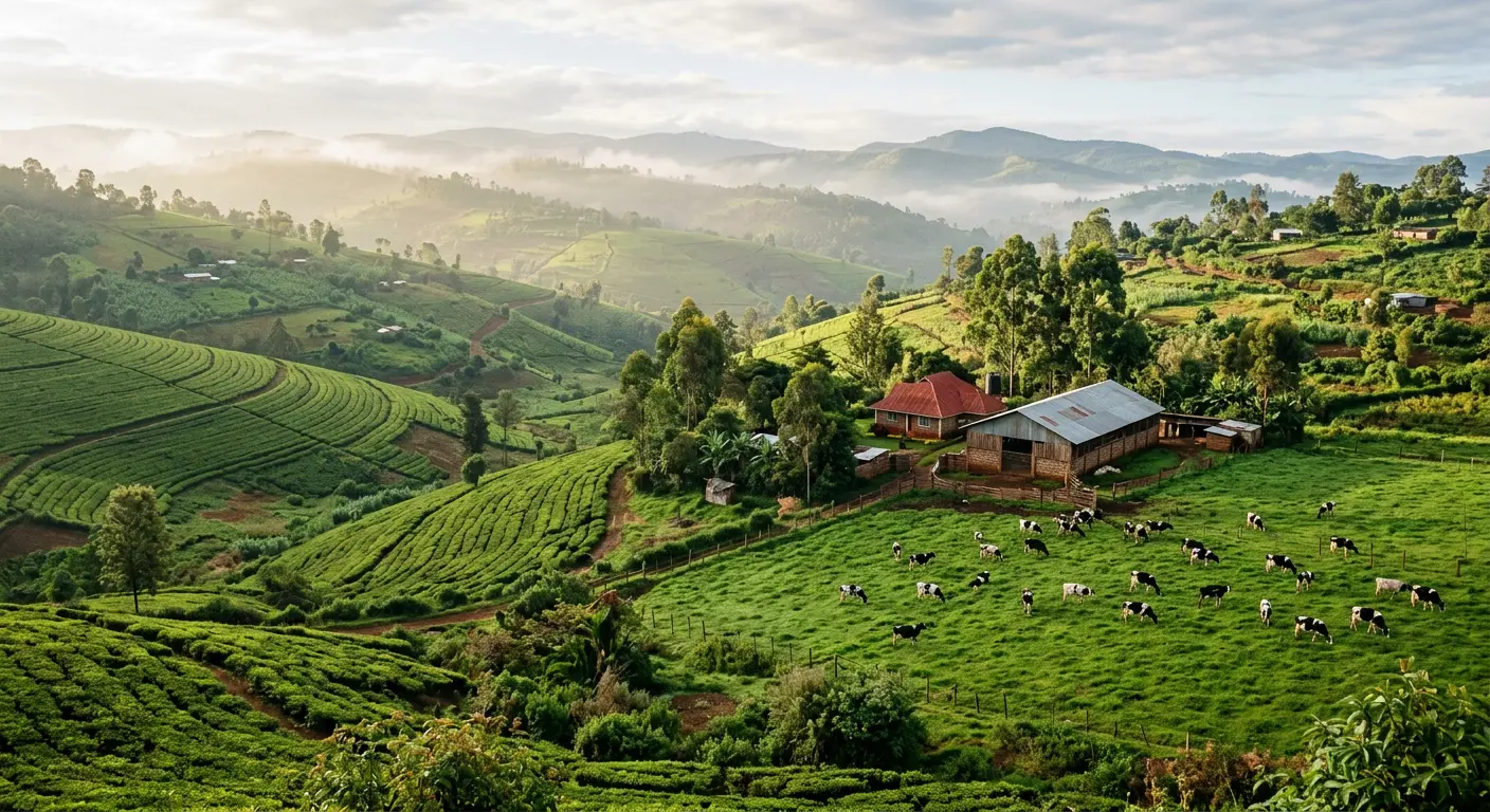 Green hillside pastures of Githunguri Farm with dairy cows grazing